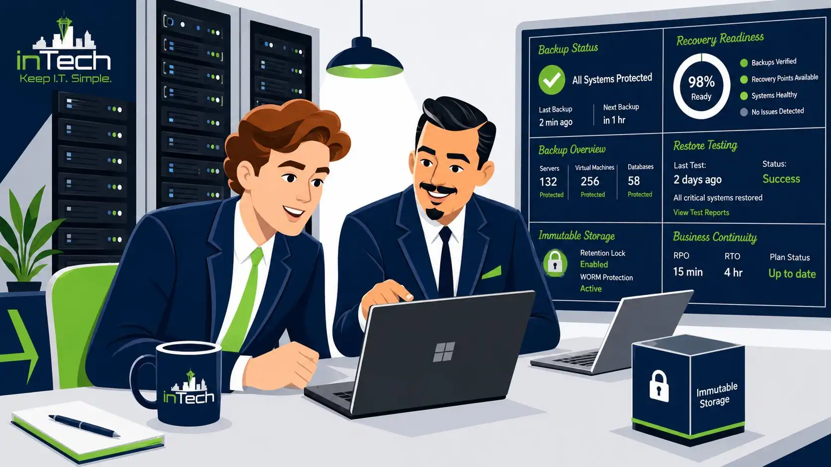 inTech Consulting backup and disaster recovery dashboard showing all systems protected with 98% recovery readiness and immutable storage