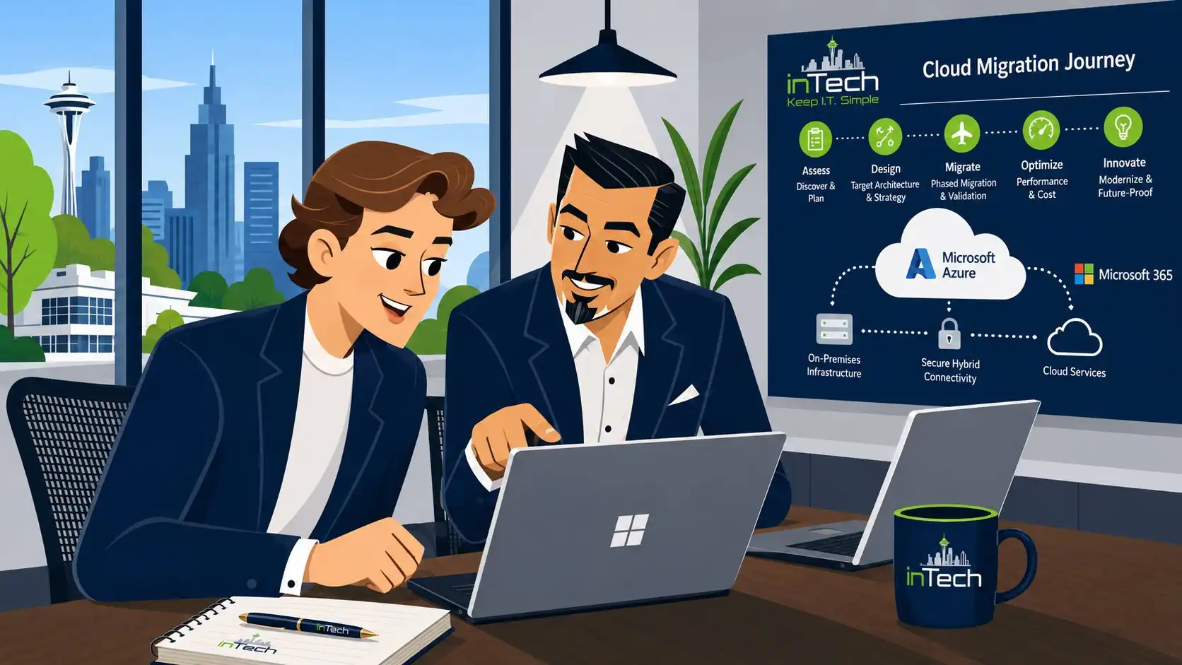 inTech Consulting cloud migration journey diagram showing assess, design, migrate, optimize, and innovate phases with Microsoft Azure and Microsoft 365