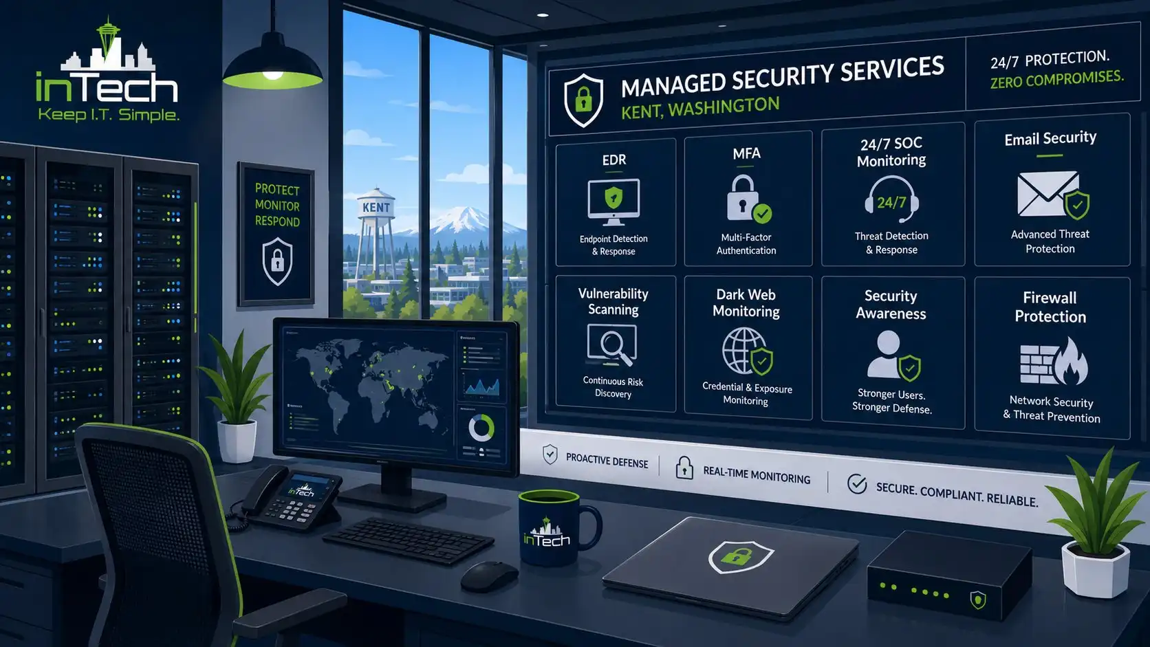 Managed security services dashboard at inTech Consulting showing EDR, MFA, 24/7 SOC monitoring, and firewall protection in Kent, Washington