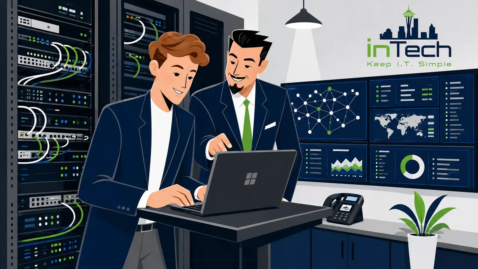 inTech Consulting network and infrastructure management team monitoring systems and connectivity from a server room in Kent, Washington